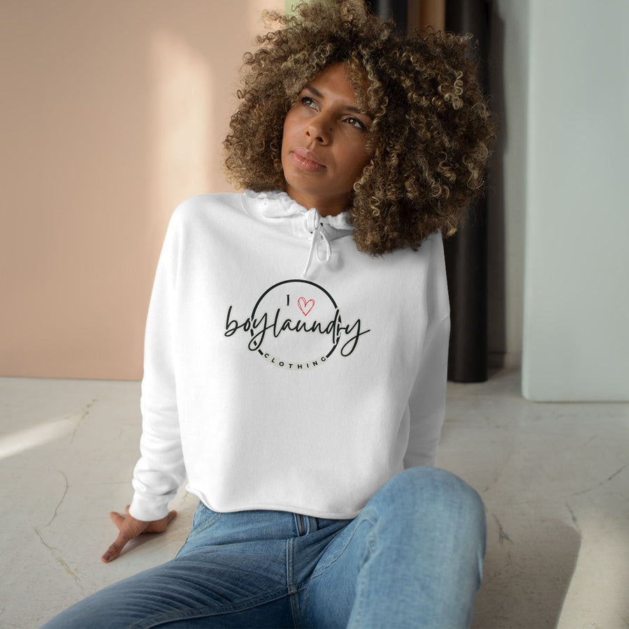 I Love "BoyLaundry" Crop Hoodie - Trendy White Pullover for Home & Casual Style.